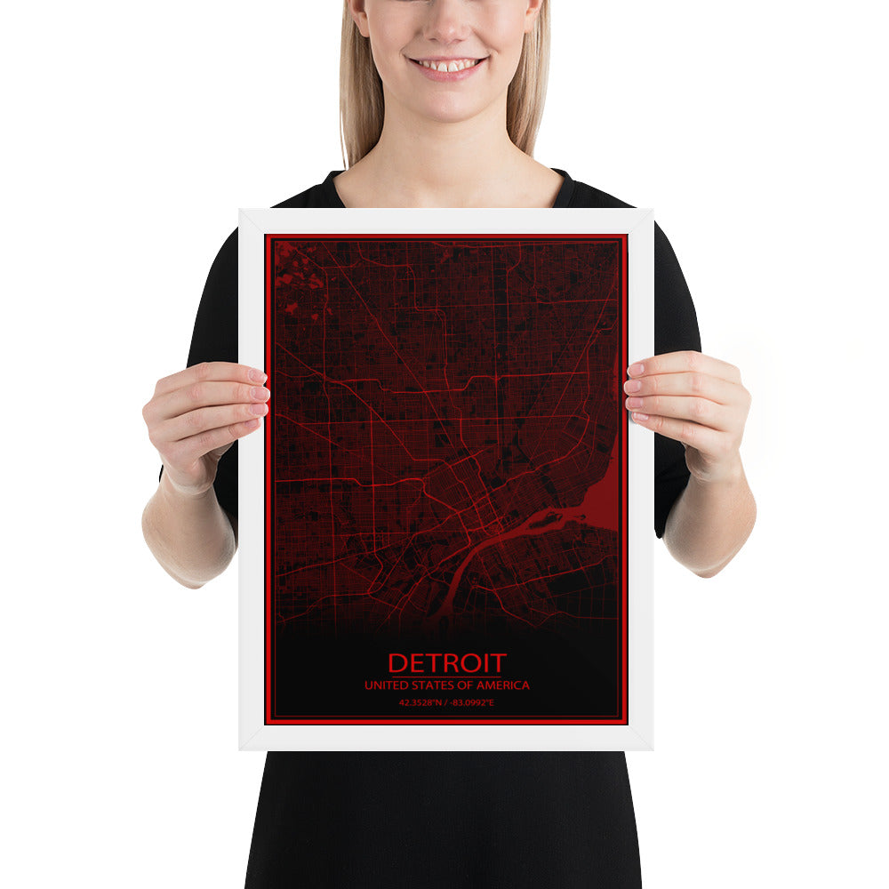 Detroit Black and Red Framed Map