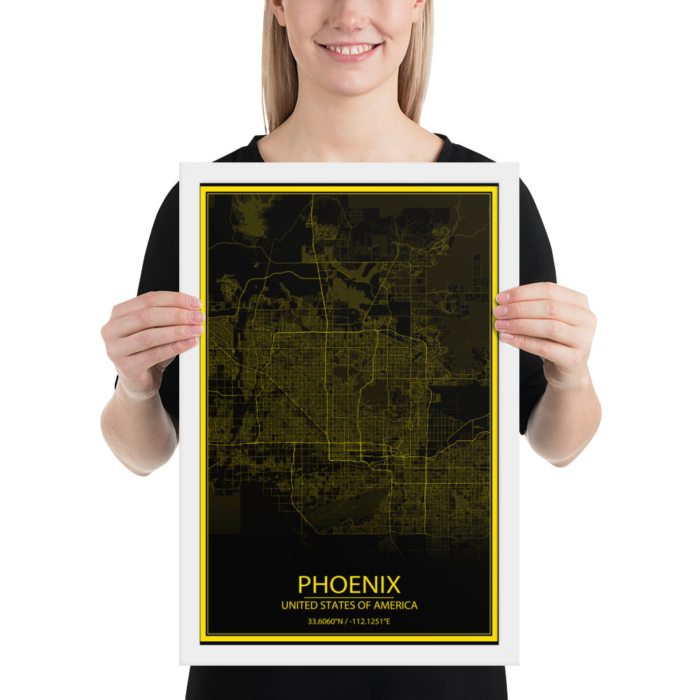 Phoenix Black and Yellow Framed Map