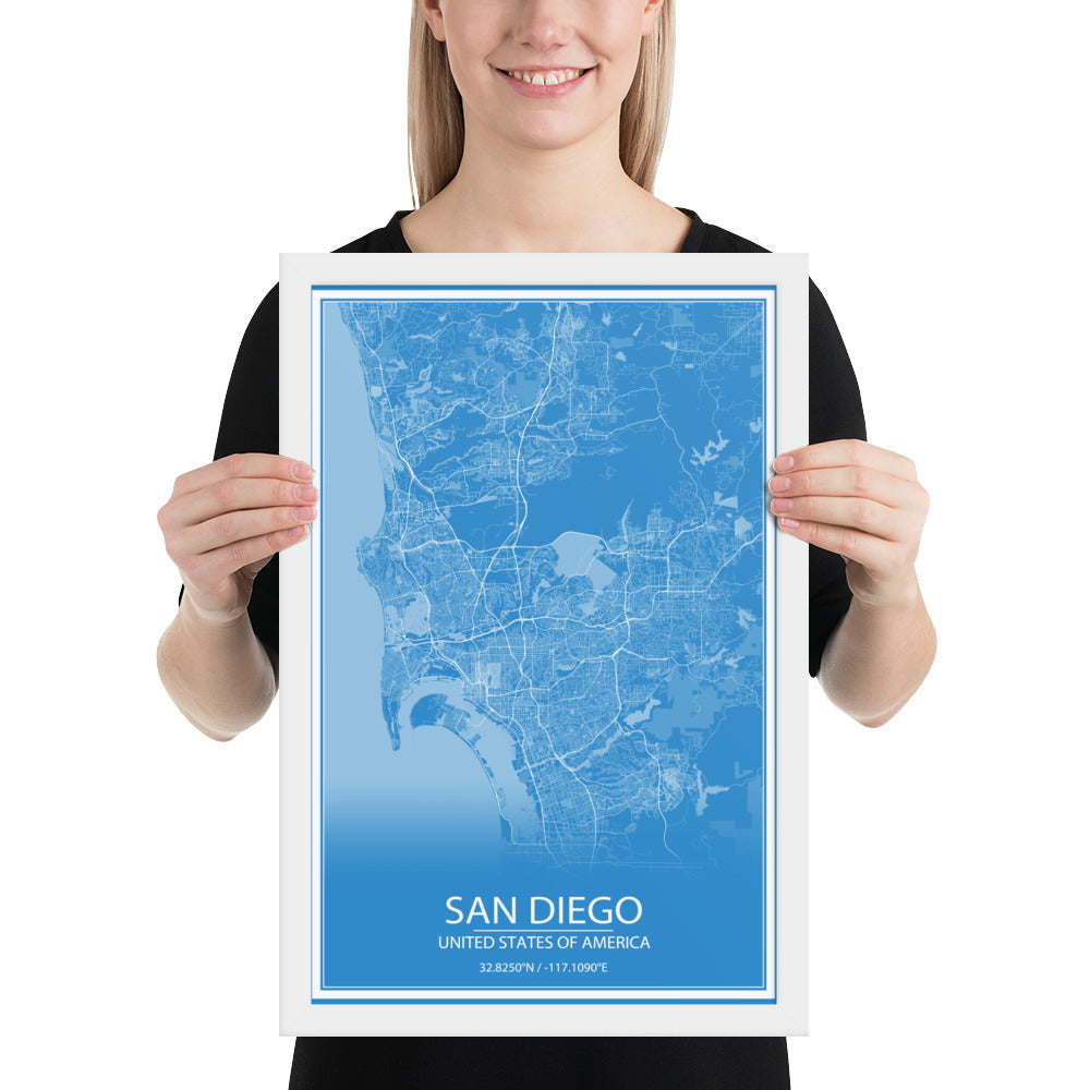 San Diego Blue and White Framed Map