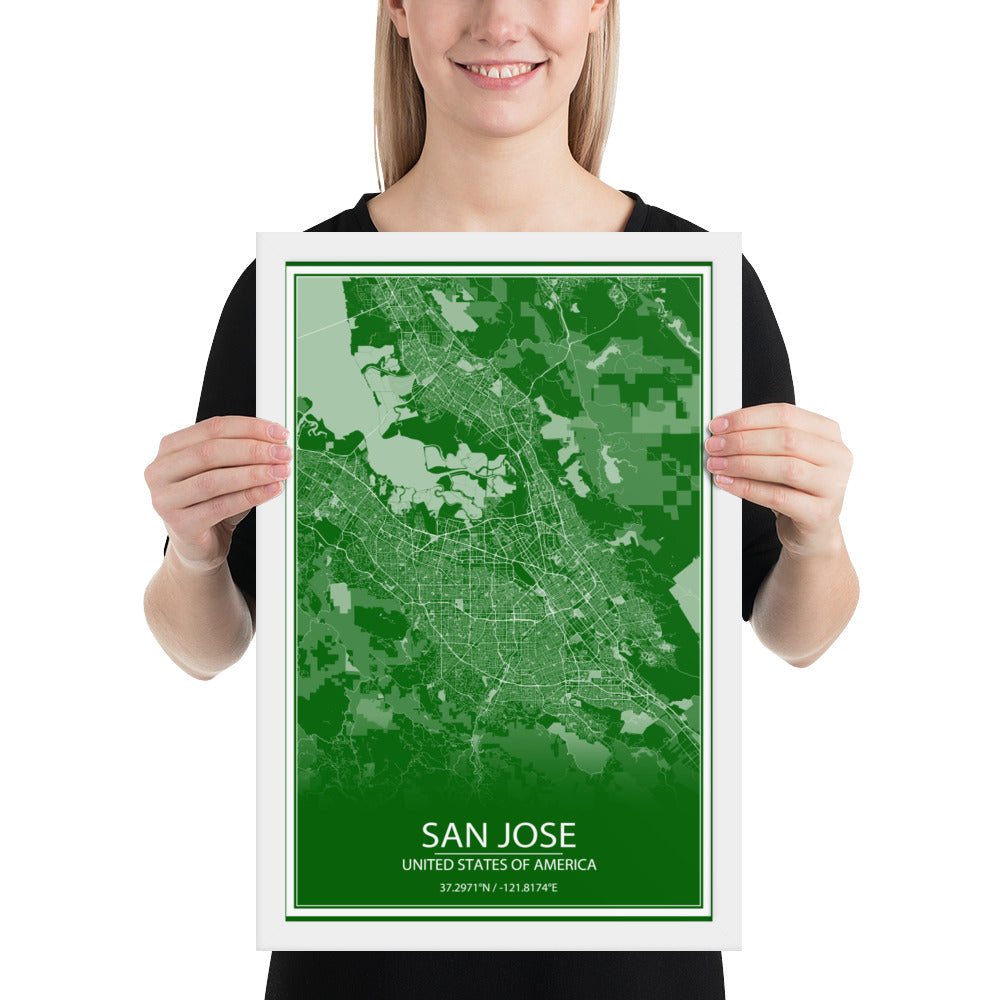 San Jose Green and White Framed Map