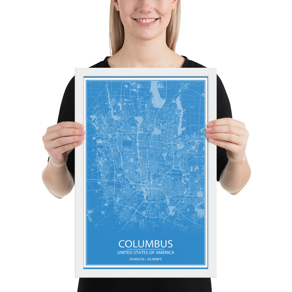Columbus Blue and White Framed Map