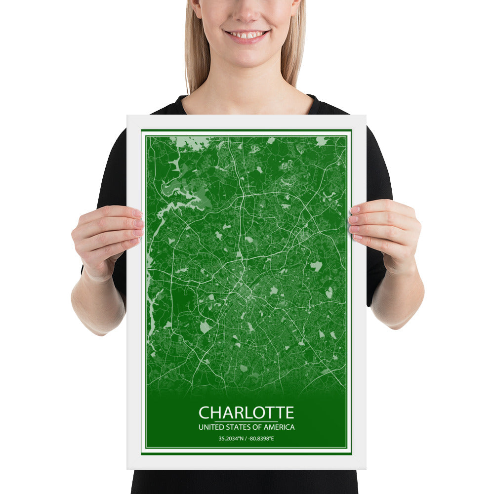 Charlotte Green and White Framed Map