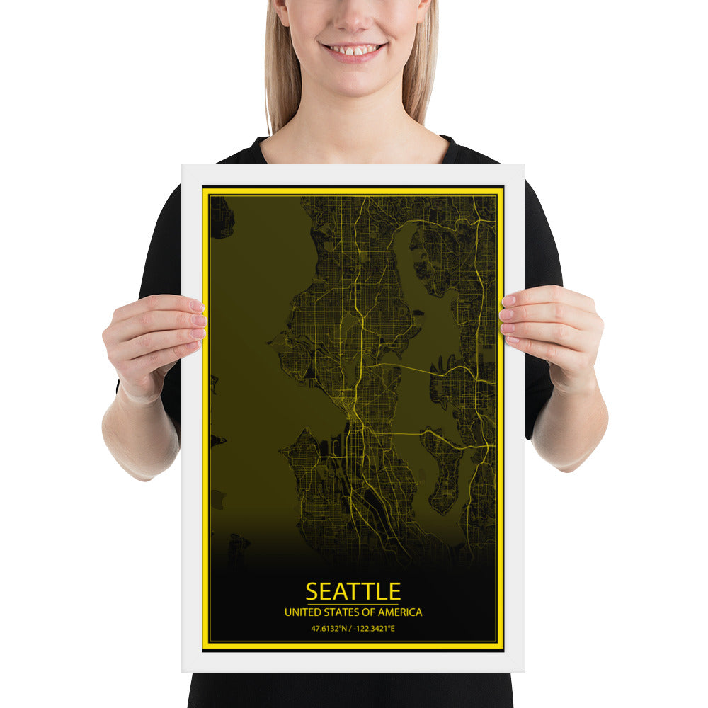 Seattle Black and Yellow Framed Map