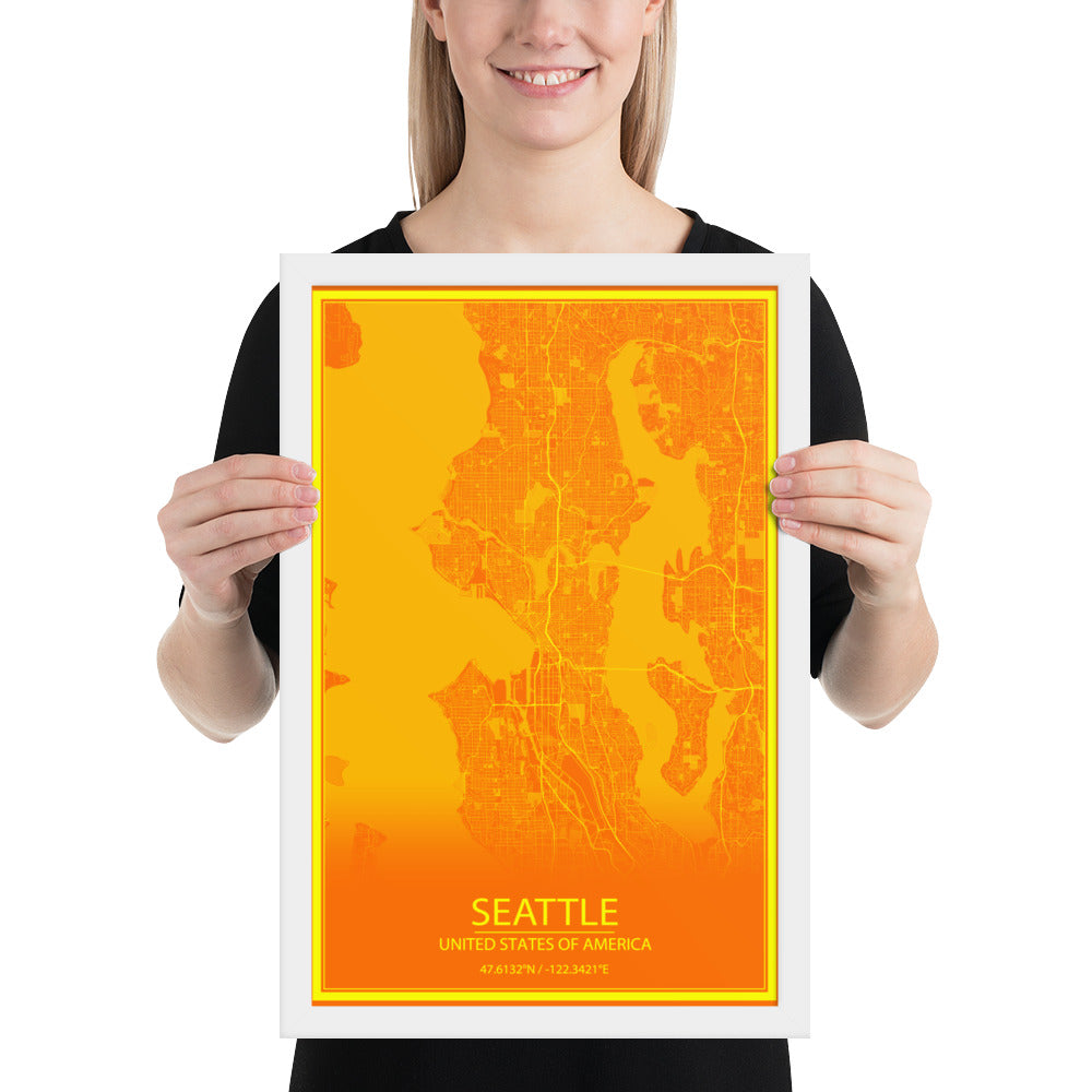 Seattle Orange and Yellow Framed Map