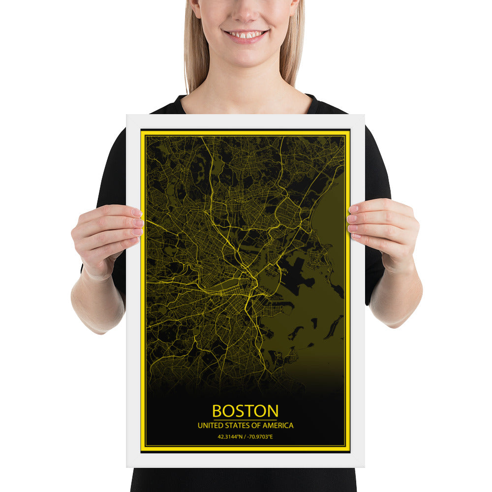 Boston Black and Yellow Framed Map