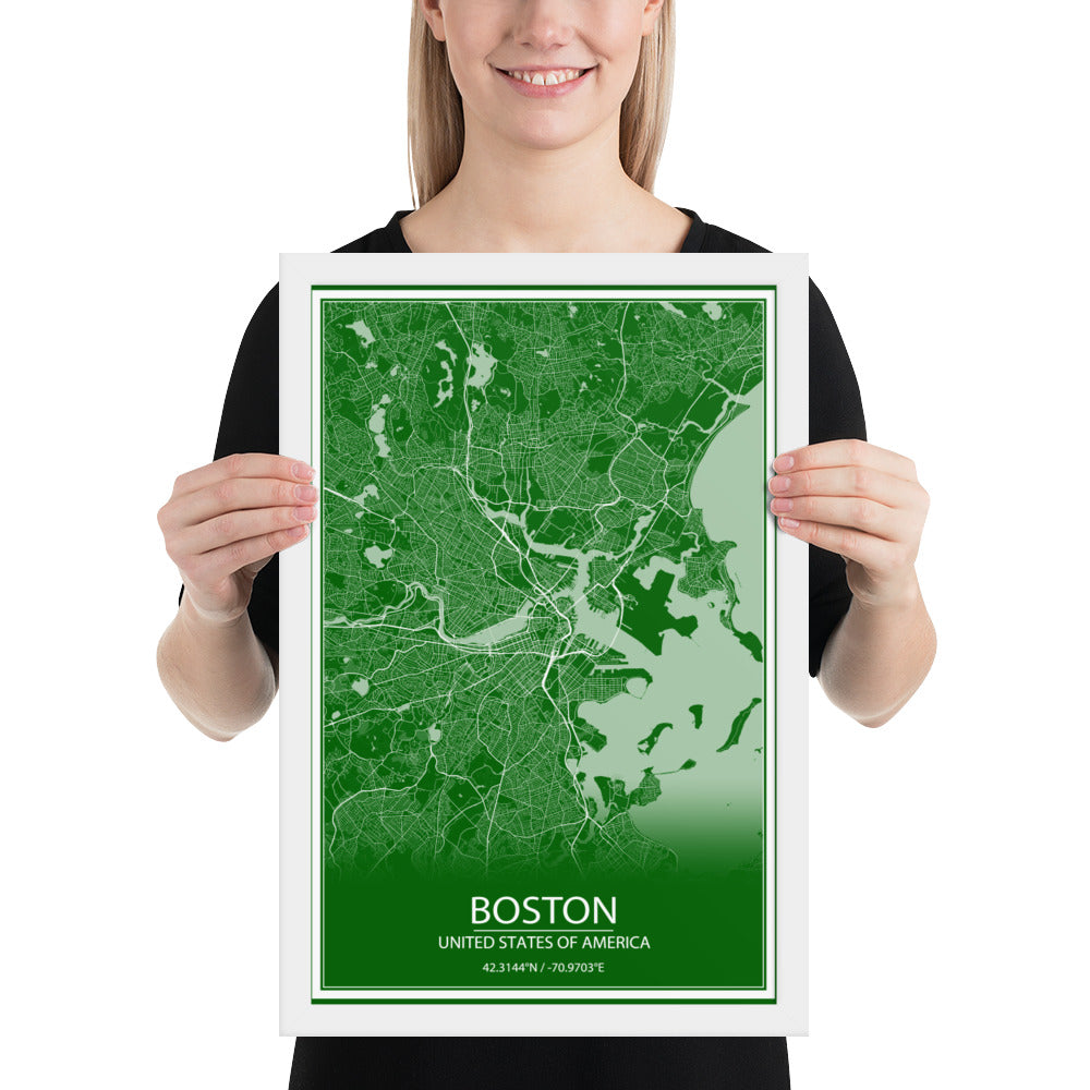 Boston Green and White Framed Map