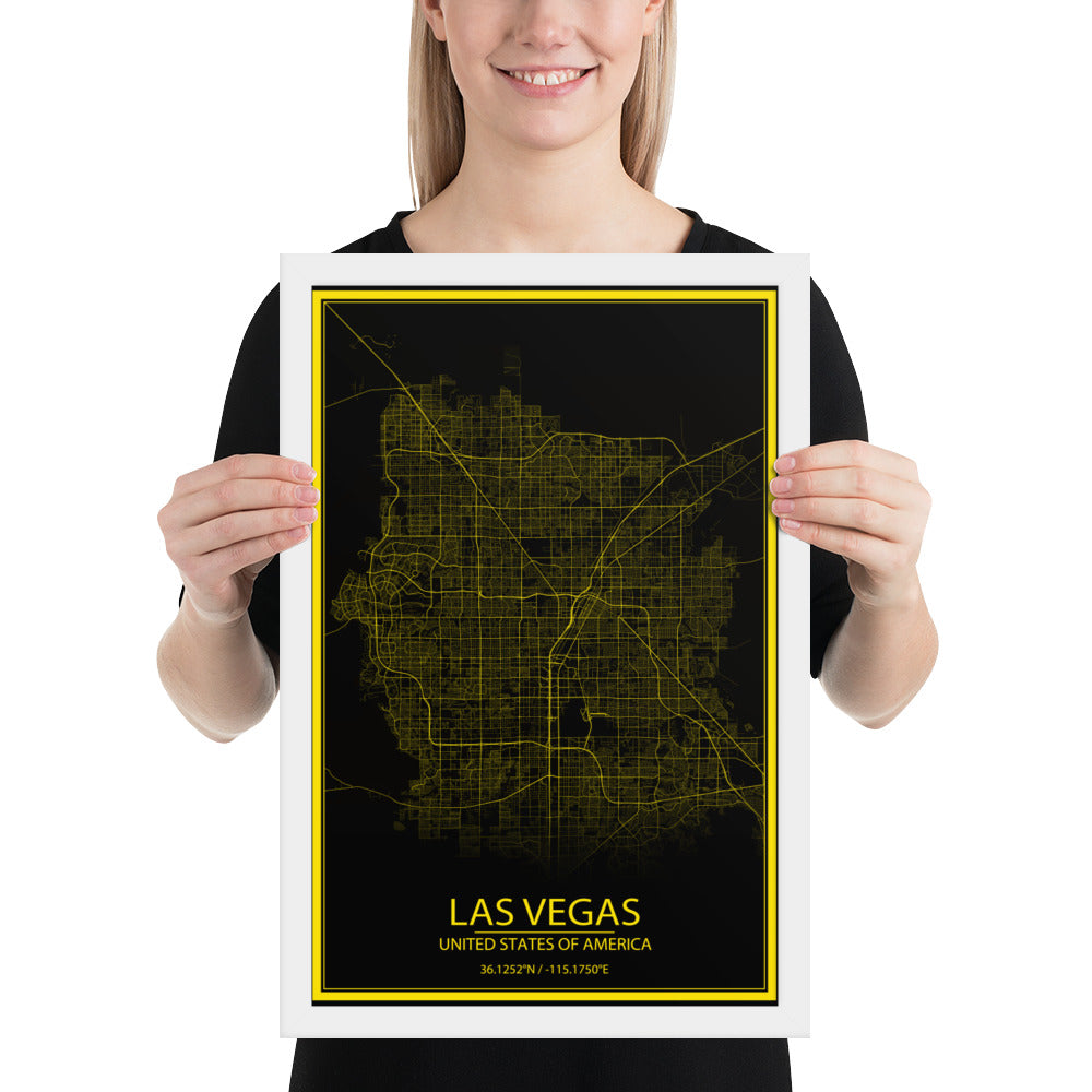 Las Vegas Black and Yellow Framed Map