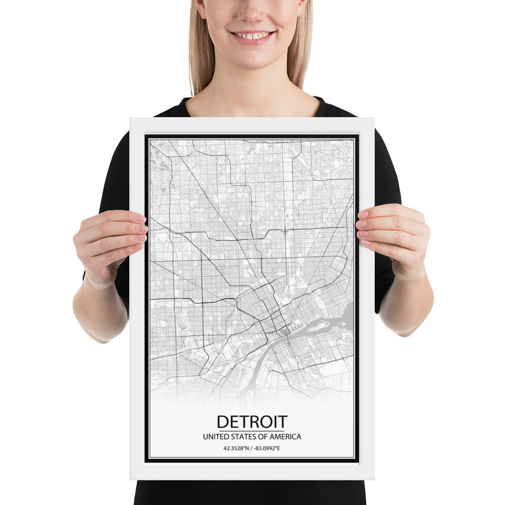 Detroit White Framed Map
