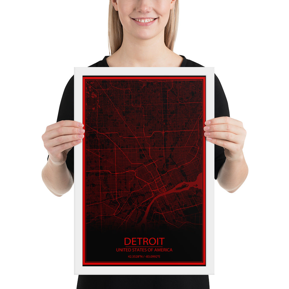 Detroit Black and Red Framed Map