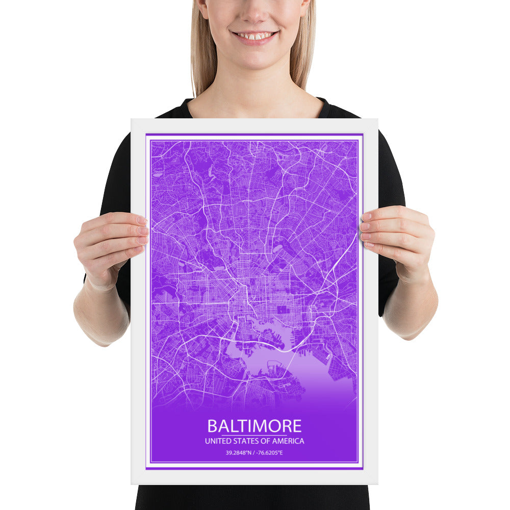 Baltimore Purple and White Framed Map