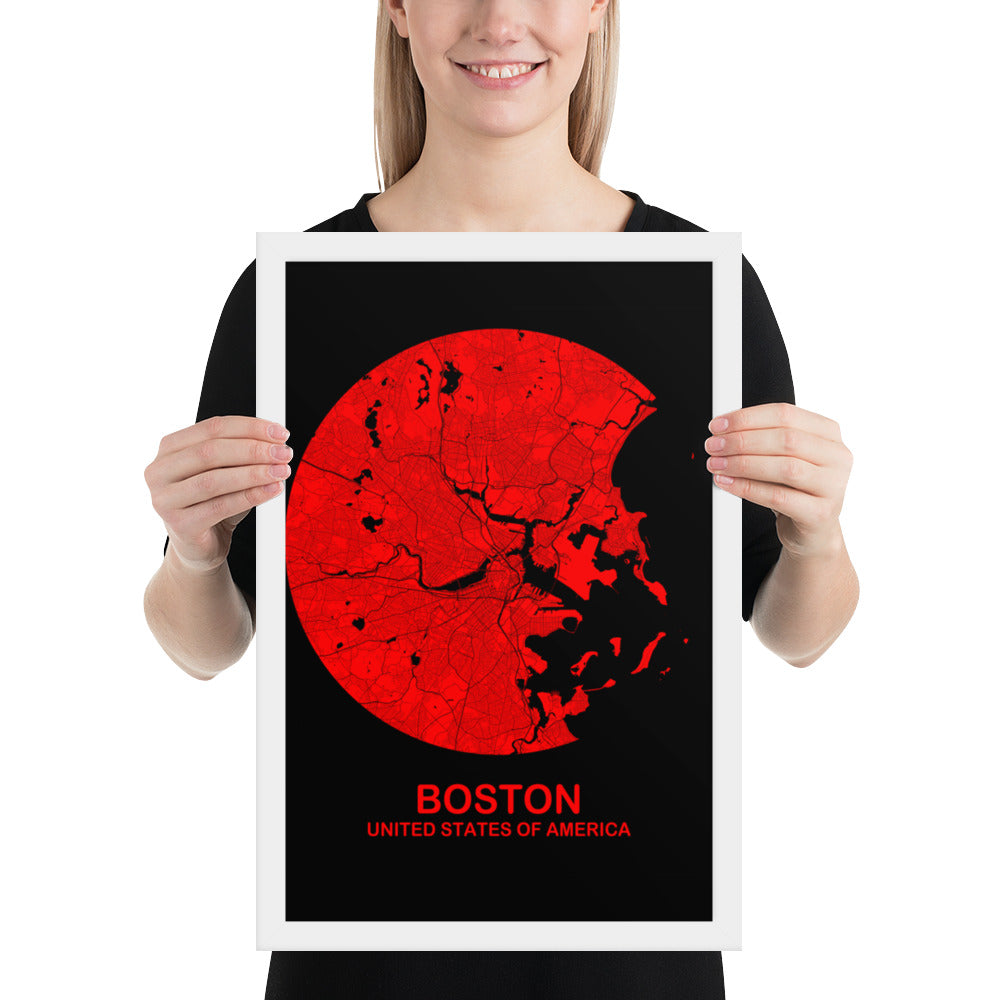 Boston Circular Red Framed Map