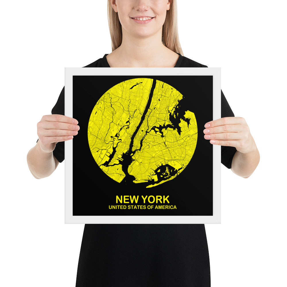 New York Circular Yellow Framed Map