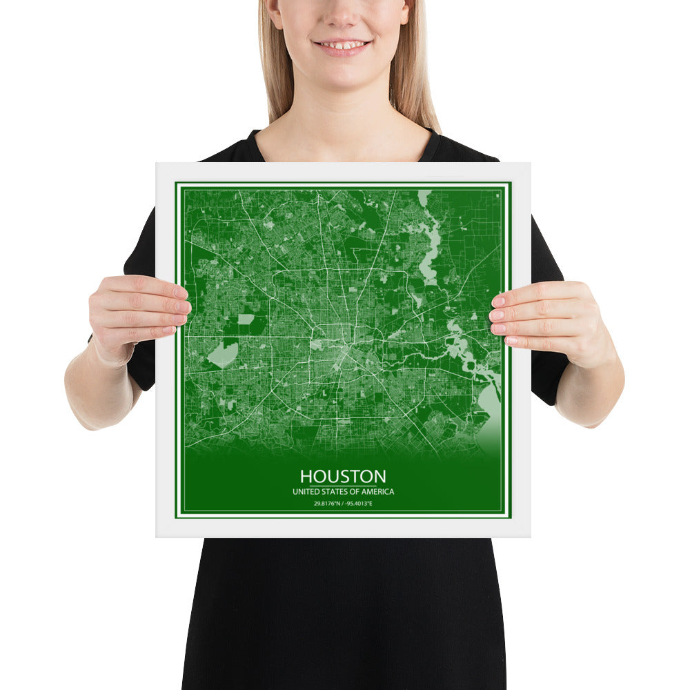 Houston Green and White Framed Map