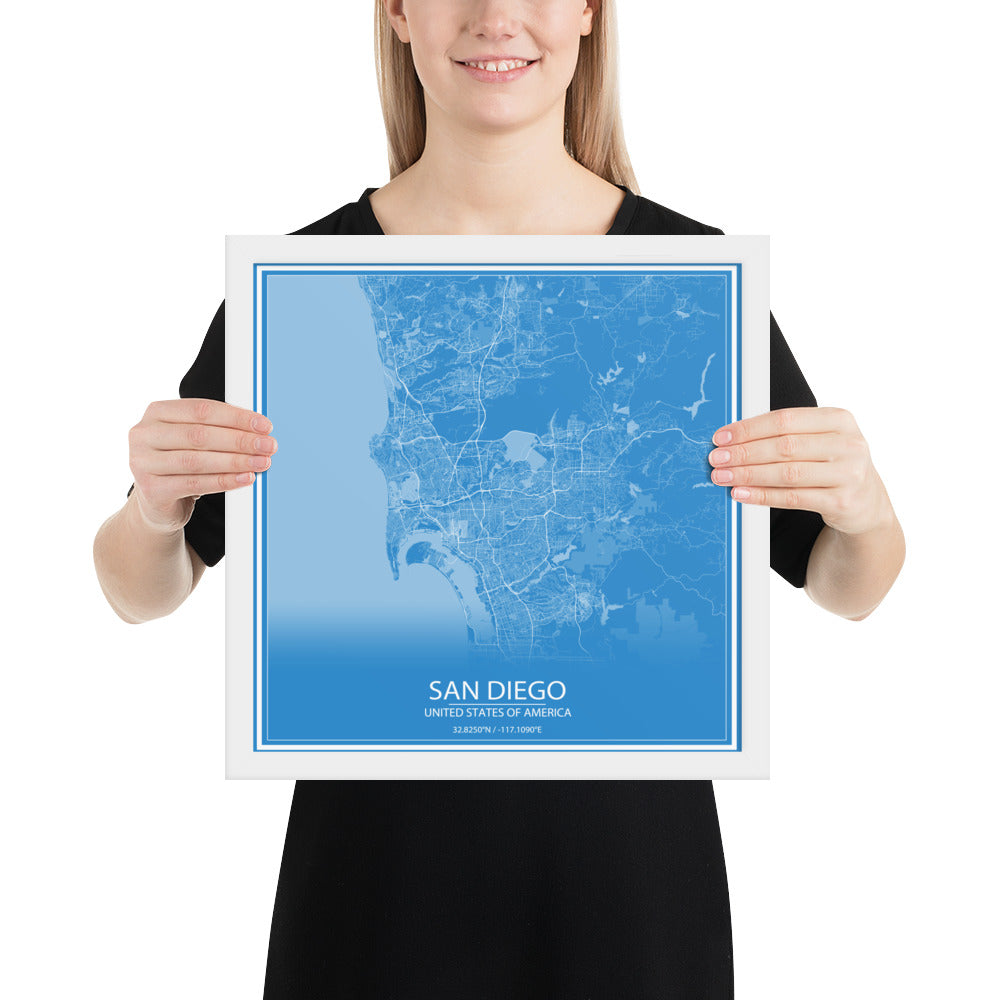 San Diego Blue and White Framed Map