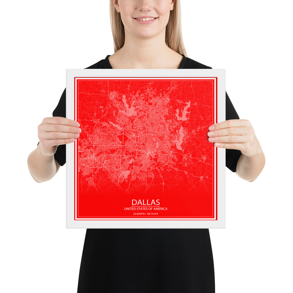 Dallas Red and White Framed Map