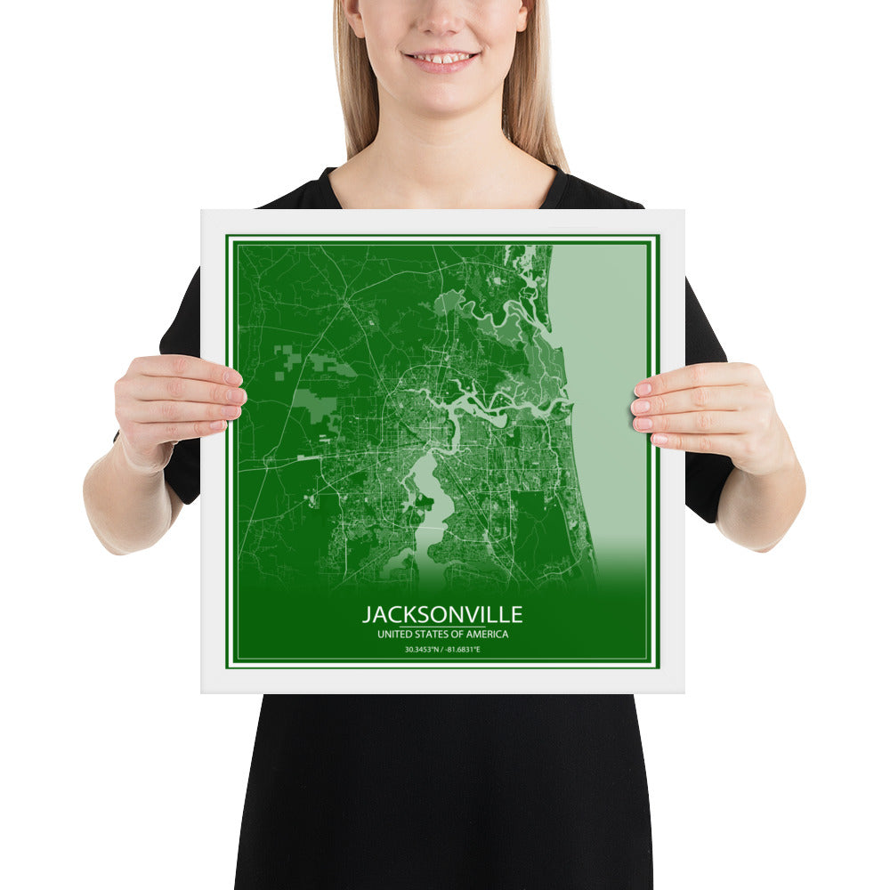 Jacksonville Green and White Framed Map