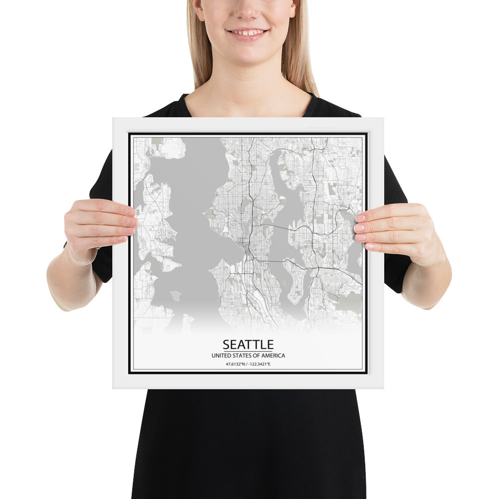 Seattle White Framed Map