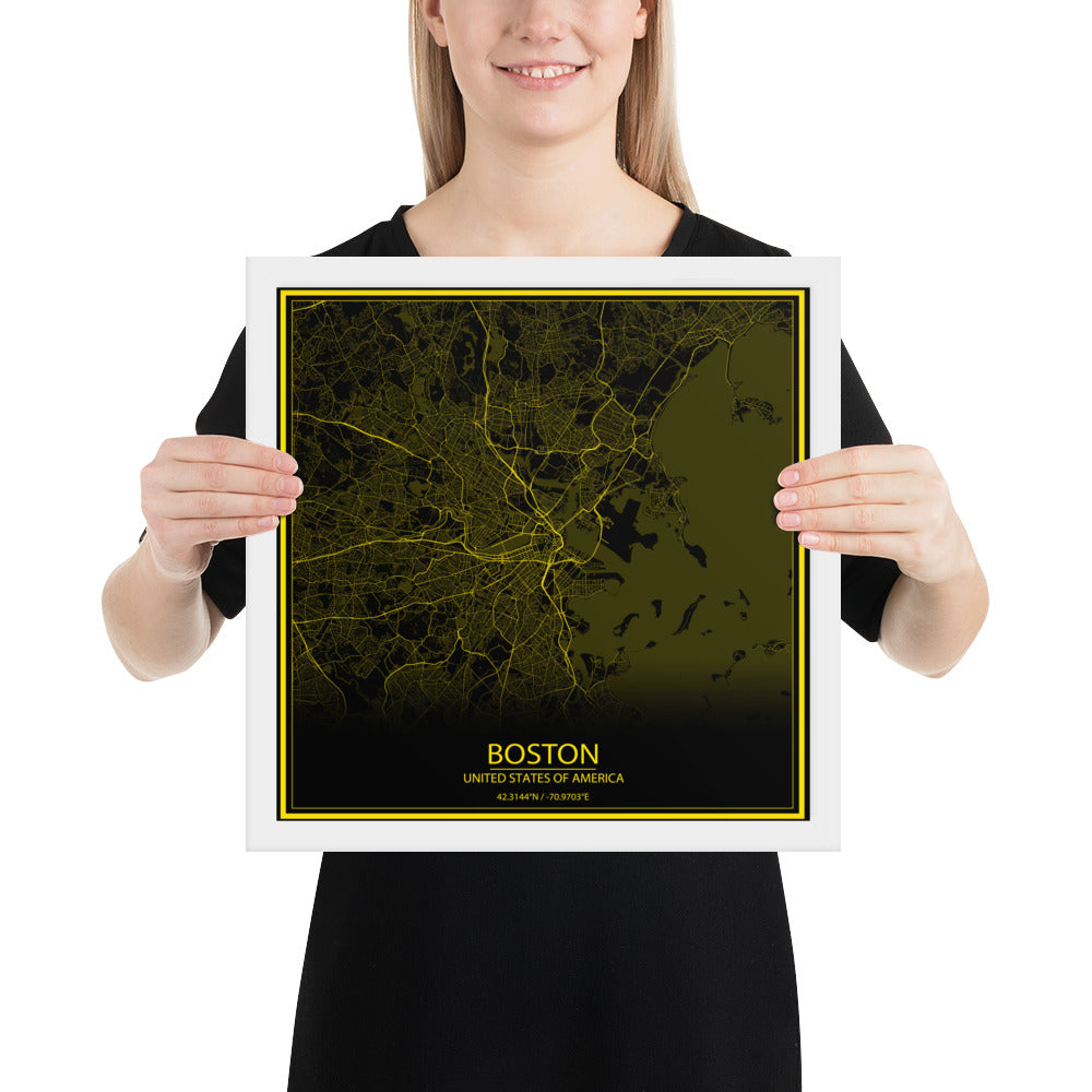 Boston Black and Yellow Framed Map