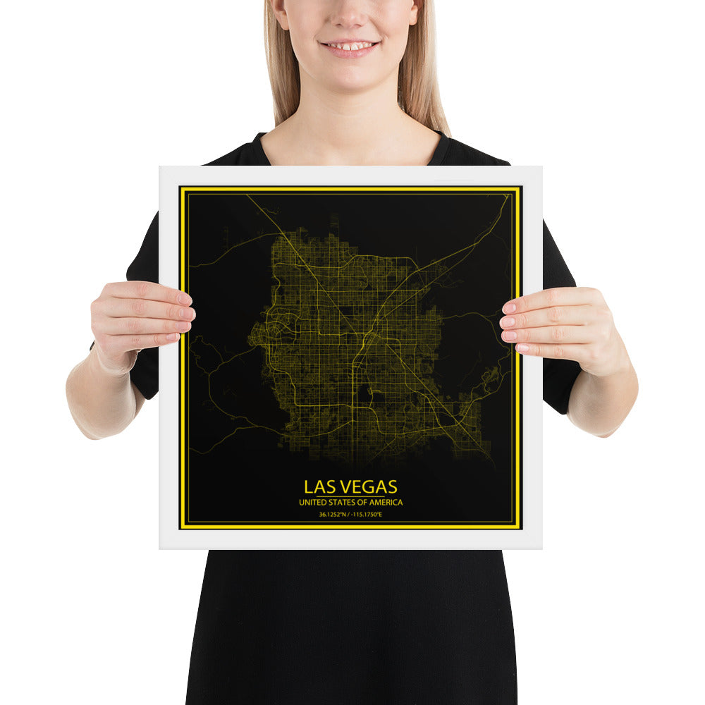 Las Vegas Black and Yellow Framed Map
