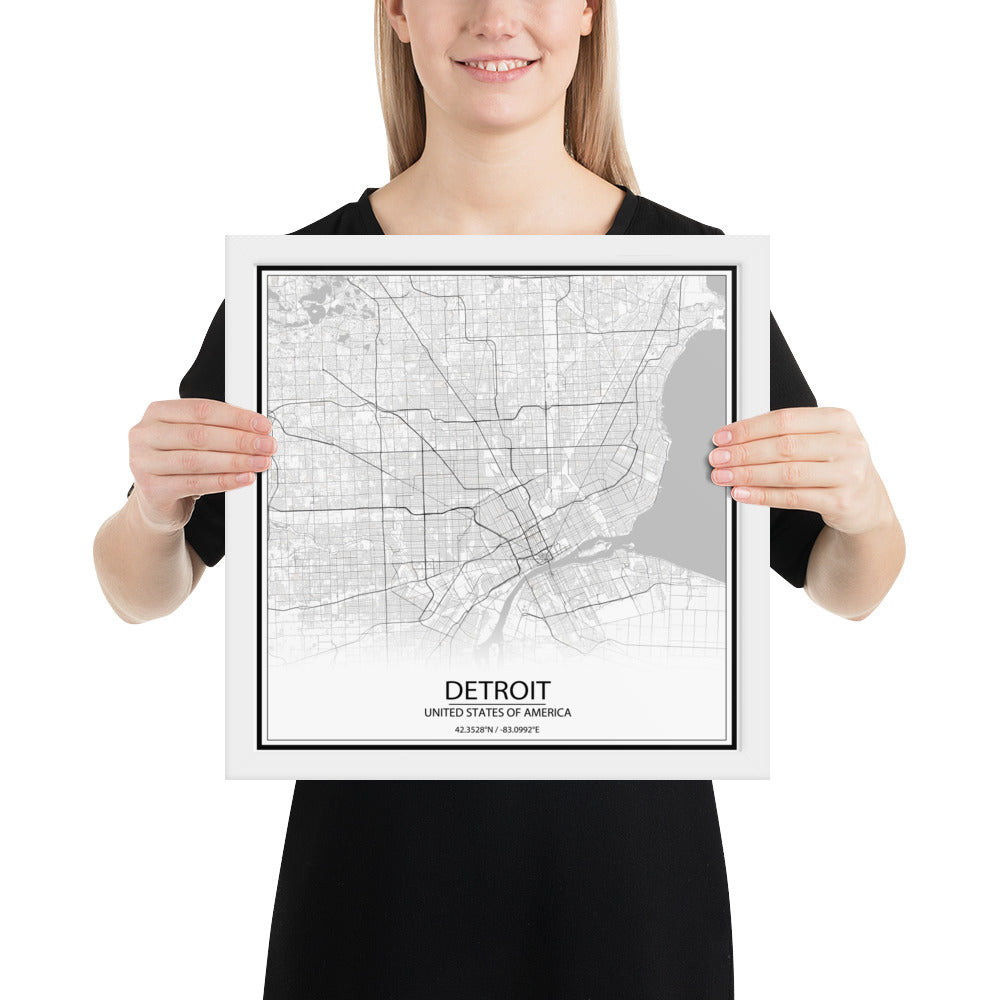 Detroit White Framed Map
