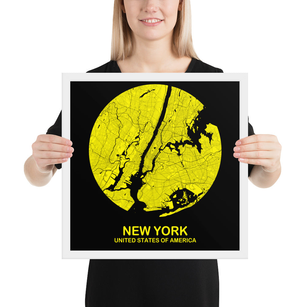 New York Circular Yellow Framed Map