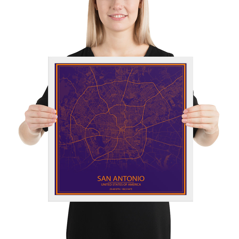 San Antonio Purple and Orange Framed Map