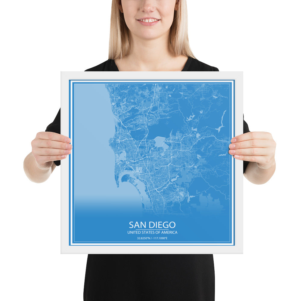San Diego Blue and White Framed Map