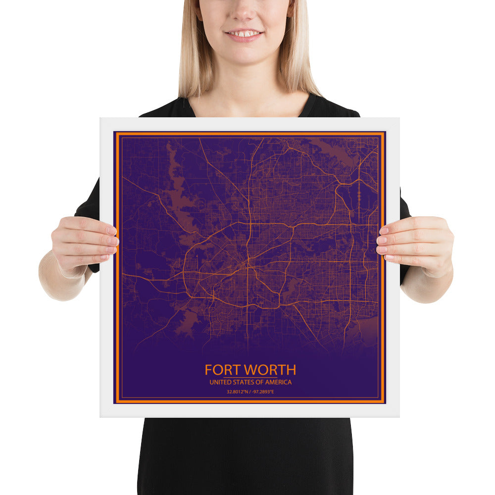 Fort Worth Purple and Orange Framed Map