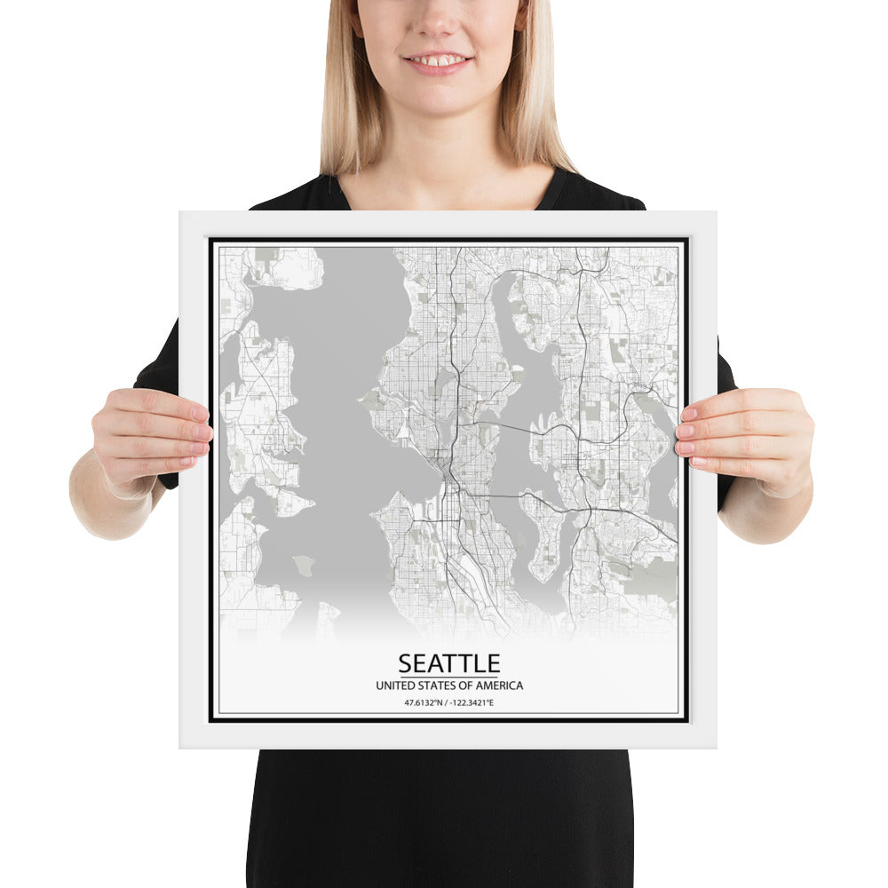 Seattle White Framed Map