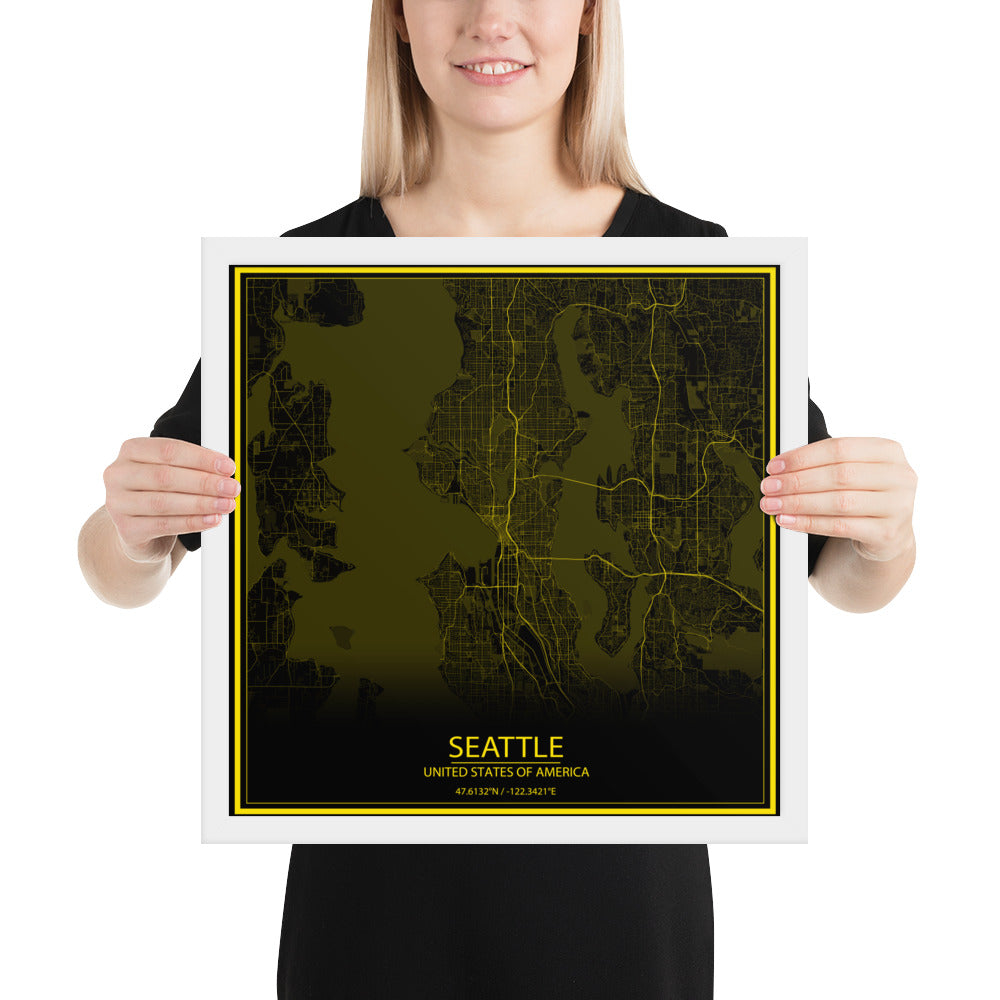 Seattle Black and Yellow Framed Map