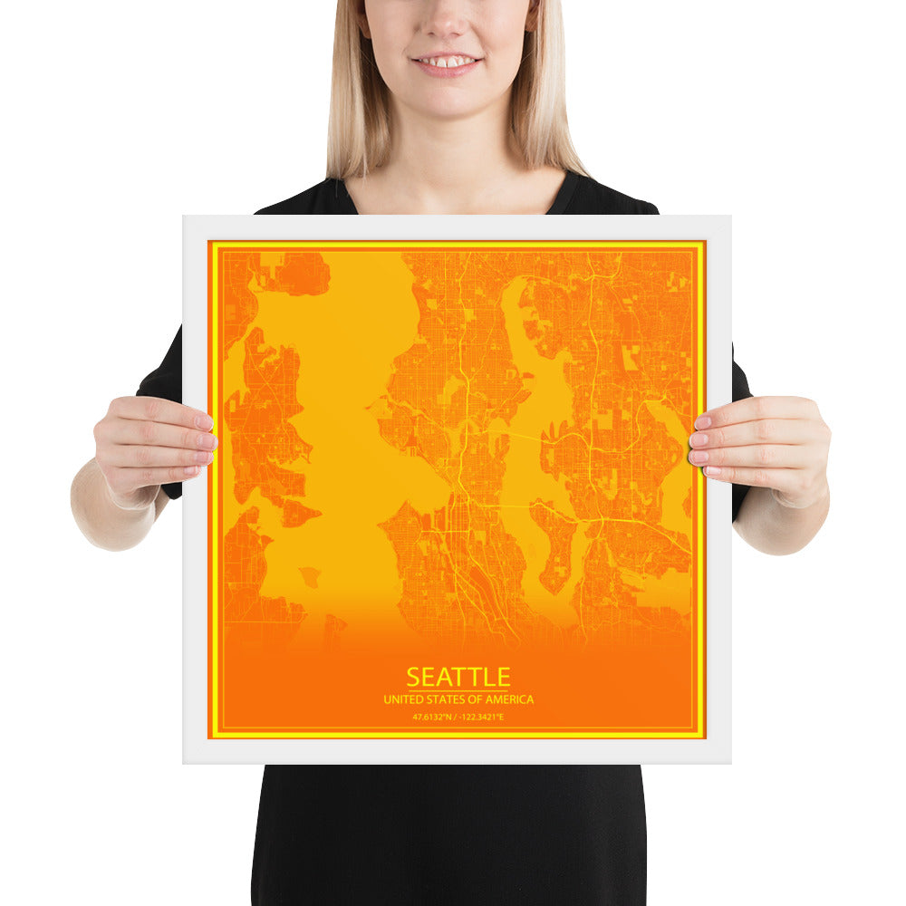 Seattle Orange and Yellow Framed Map