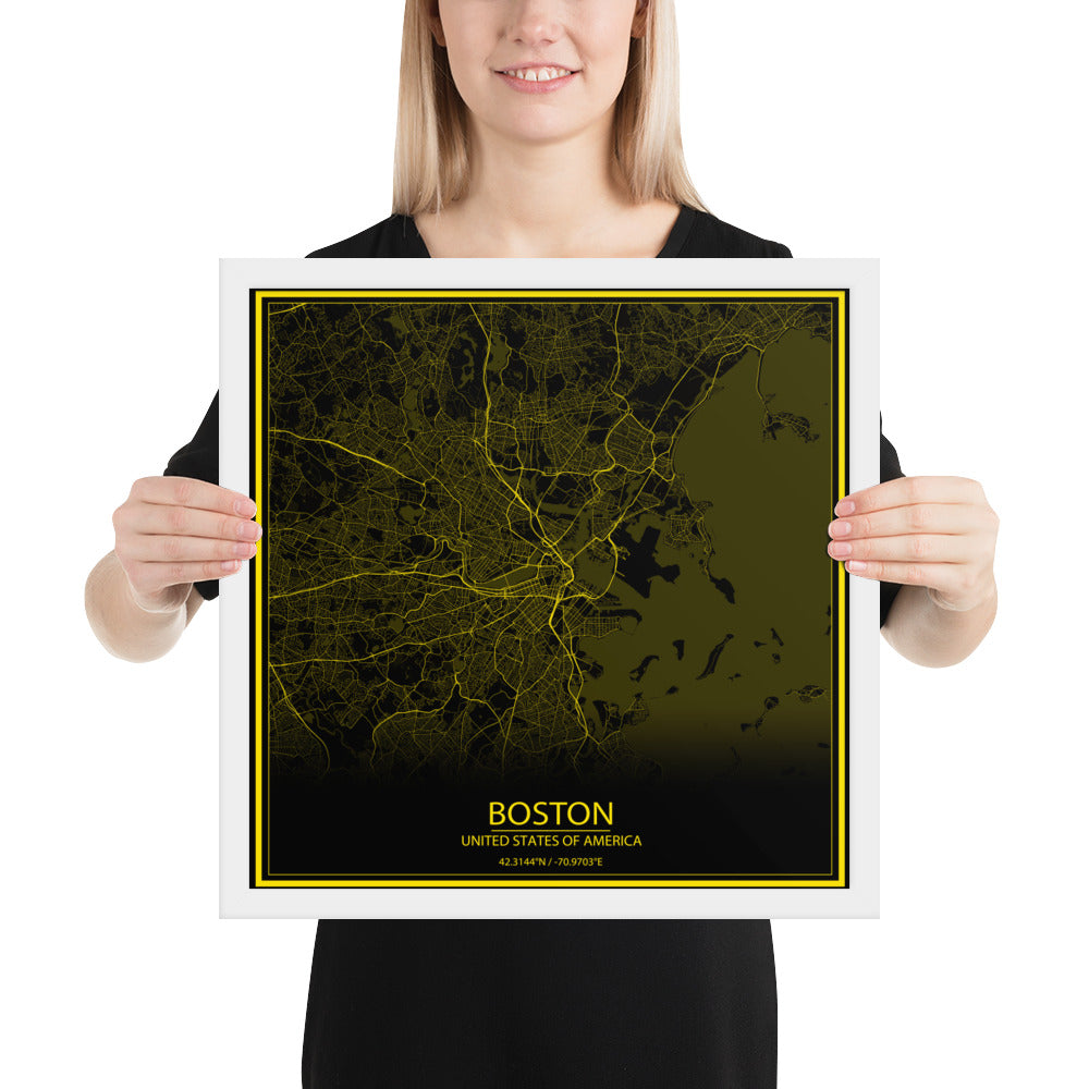 Boston Black and Yellow Framed Map