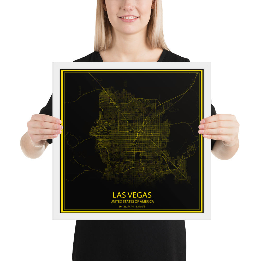 Las Vegas Black and Yellow Framed Map