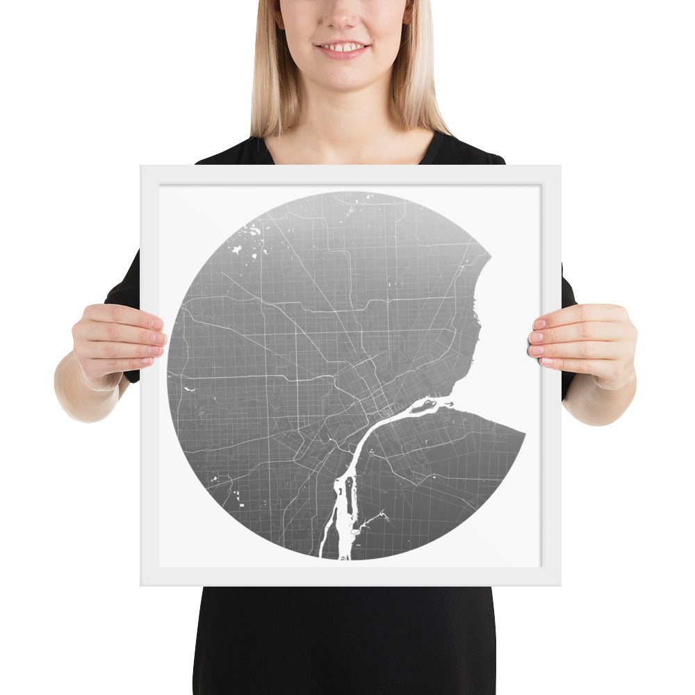 Detroit Silver on White Framed Map