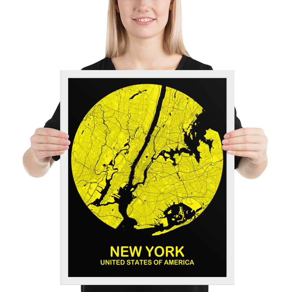 New York Circular Yellow Framed Map