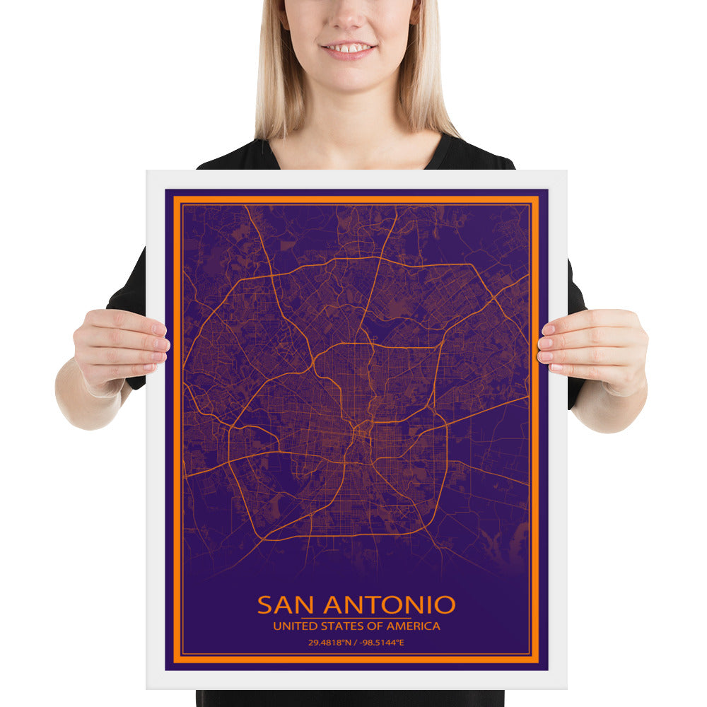 San Antonio Purple and Orange Framed Map