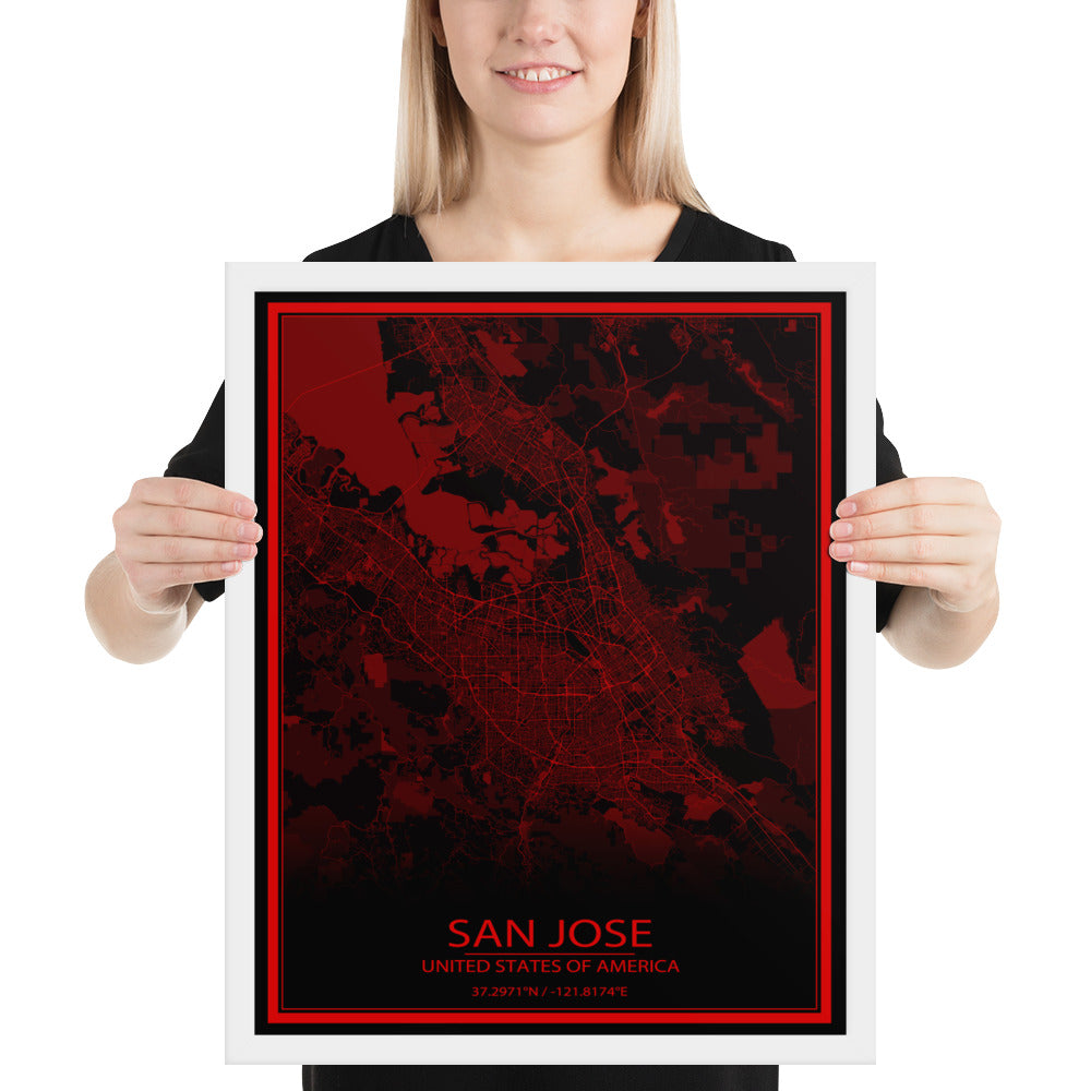 San Jose Black and Red Framed Map