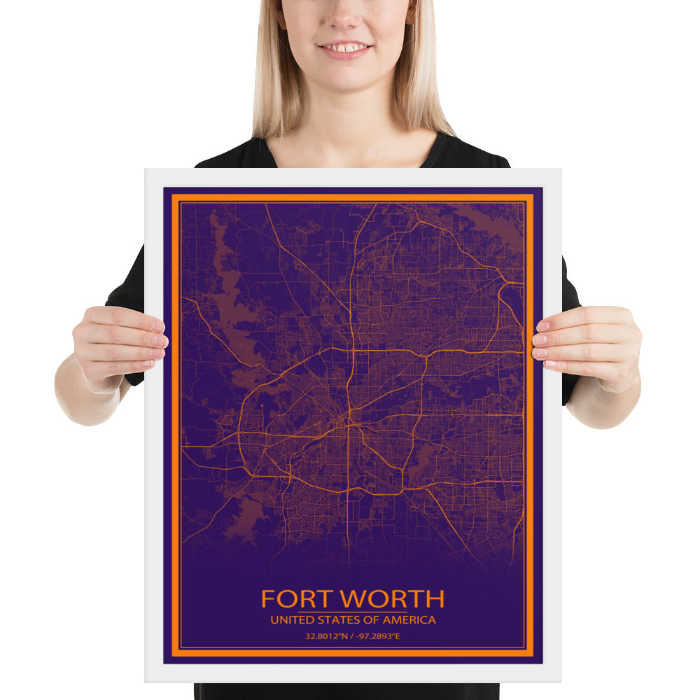 Fort Worth Purple and Orange Framed Map