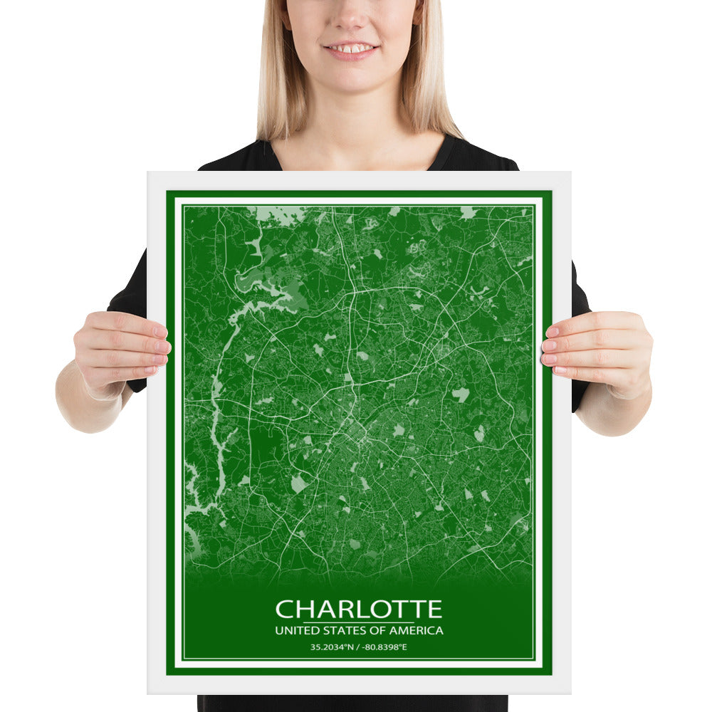 Charlotte Green and White Framed Map