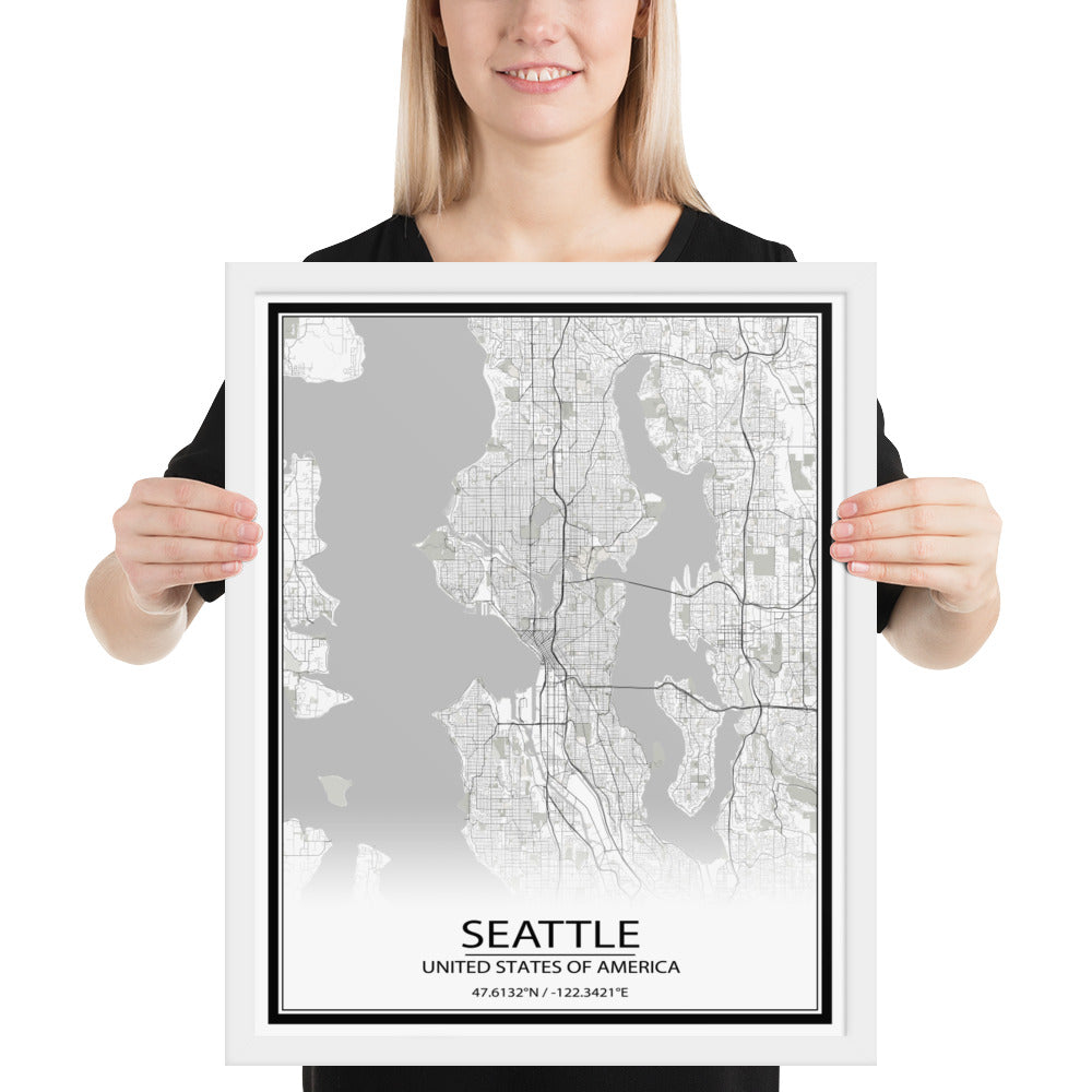 Seattle White Framed Map
