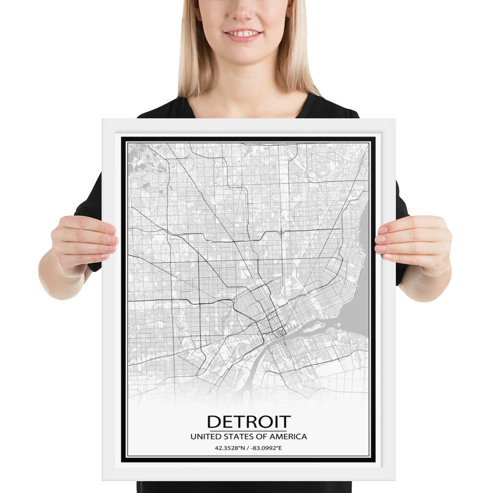 Detroit White Framed Map
