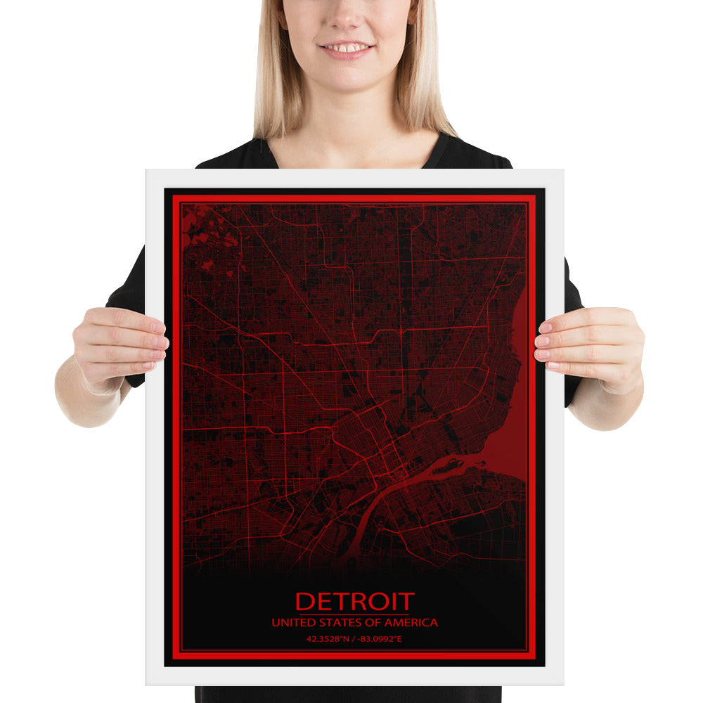 Detroit Black and Red Framed Map