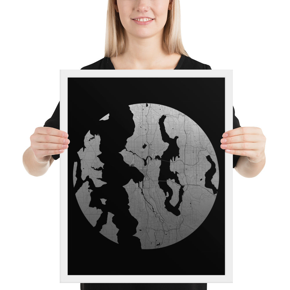 Seattle Silver on Black Framed Map