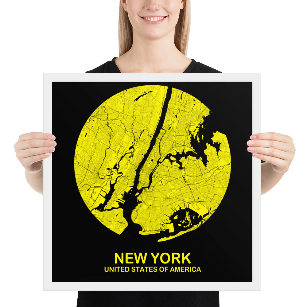 New York Circular Yellow Framed Map