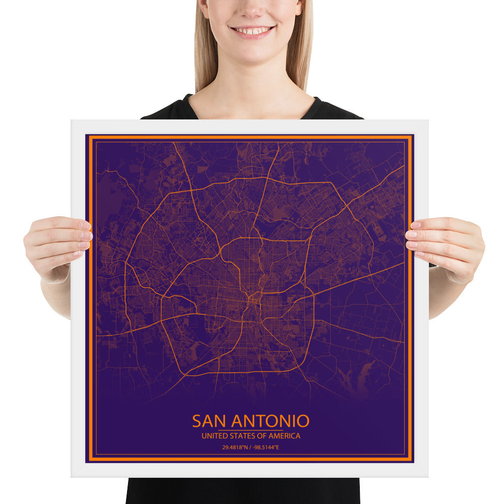 San Antonio Purple and Orange Framed Map