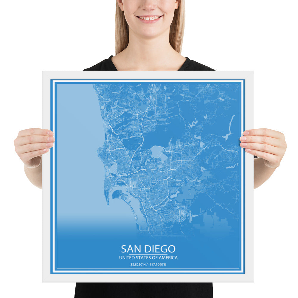 San Diego Blue and White Framed Map