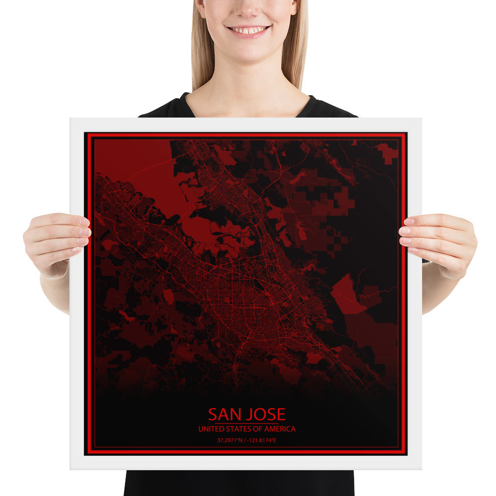 San Jose Black and Red Framed Map