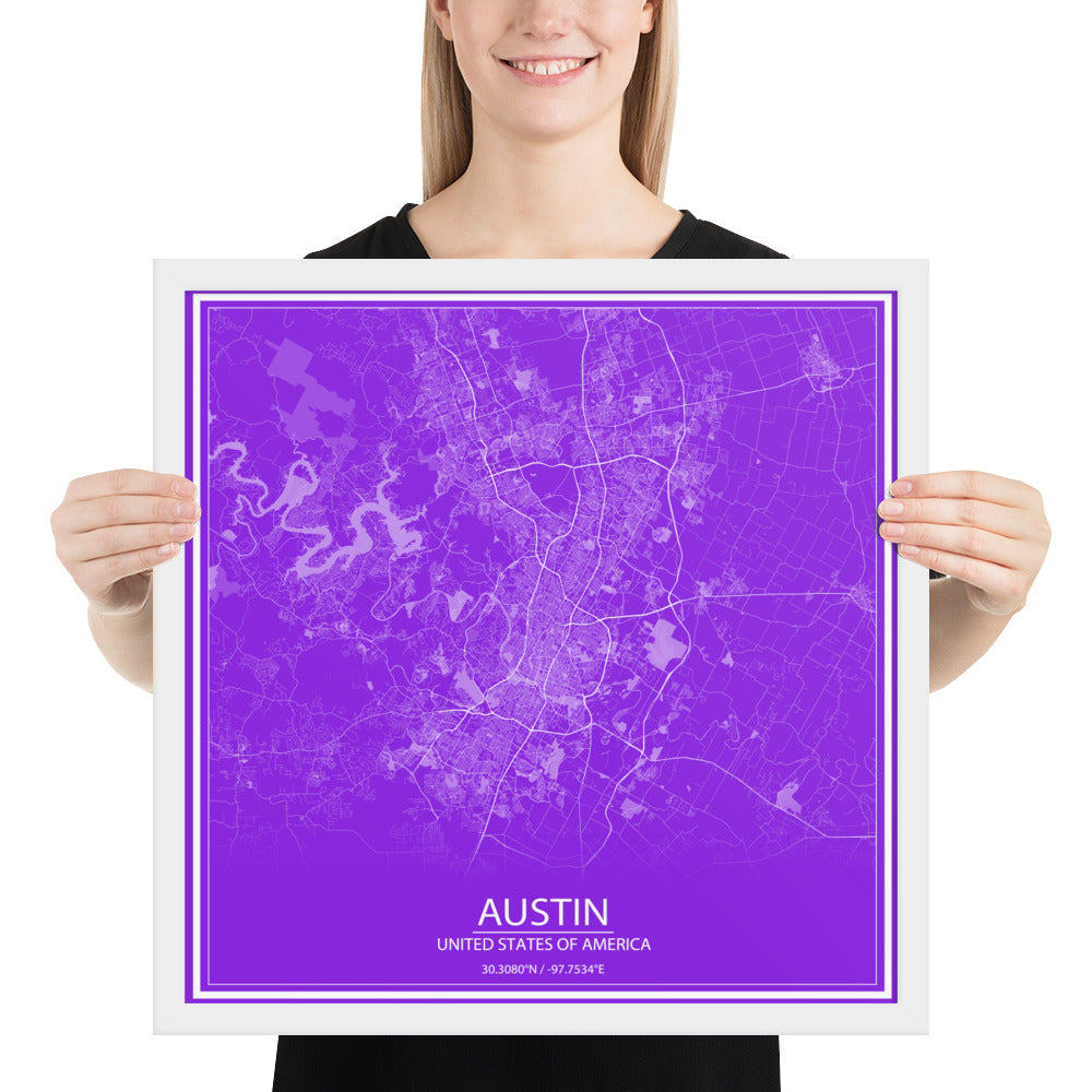 Austin Purple and White Framed Map