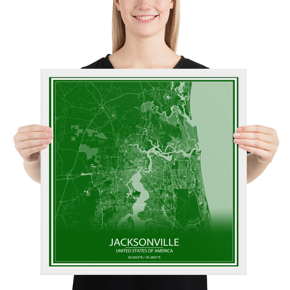 Jacksonville Green and White Framed Map