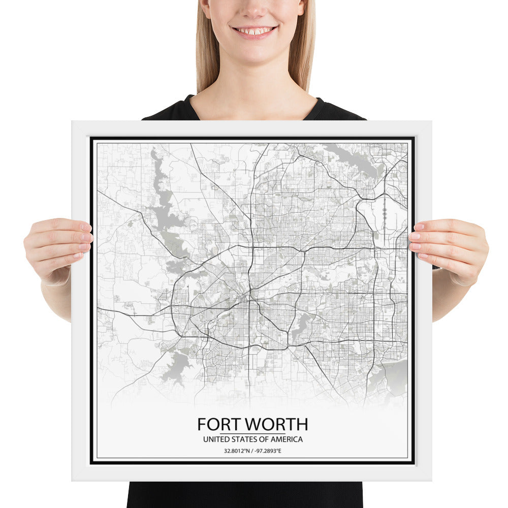 Fort Worth White Framed Map